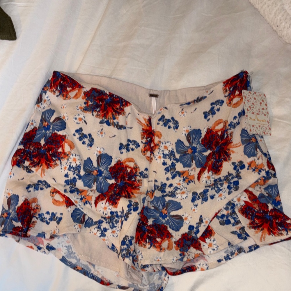 Free People High-Waist Floral Ruffle Shorts in Cream with Blue & Red Print
